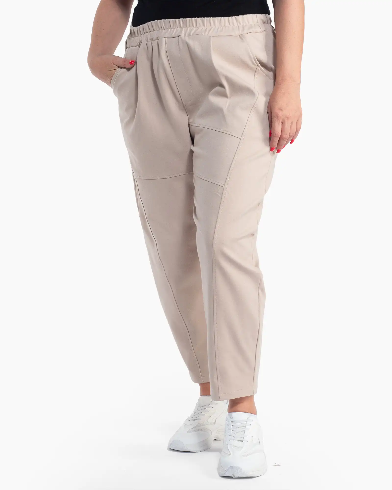 Produse noi - Pantaloni crem conici casual cu talie elastică și cusături decorative