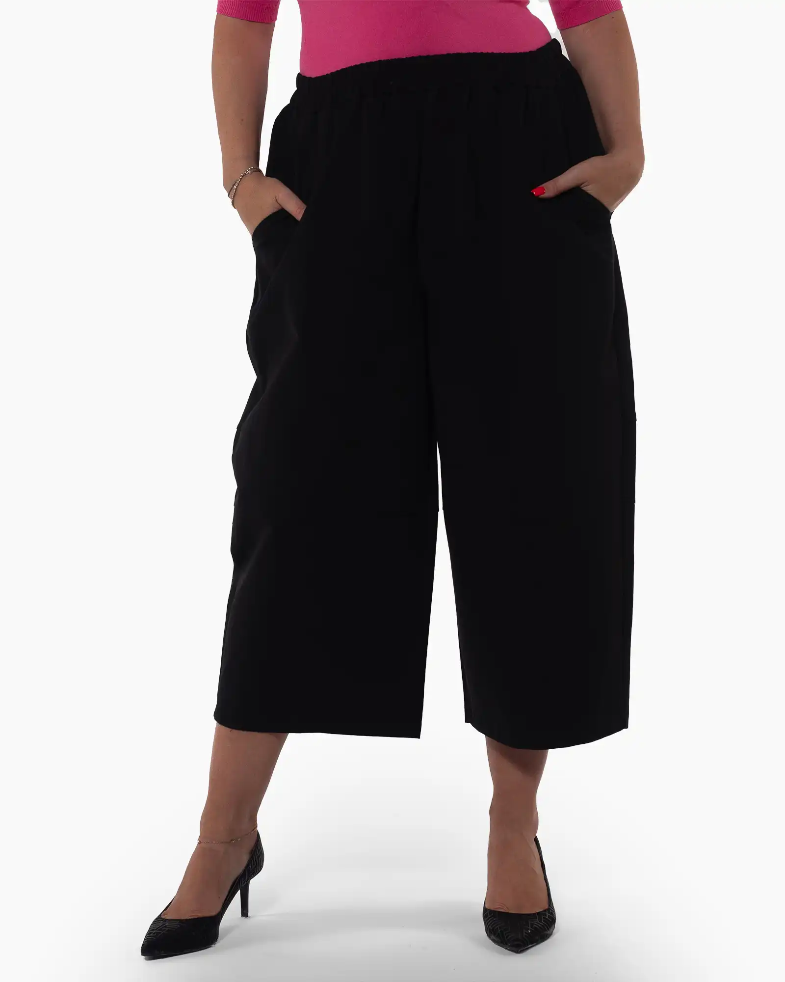 Produse noi - Pantaloni culottes negri fluizi cu talie elastică și croială lejeră