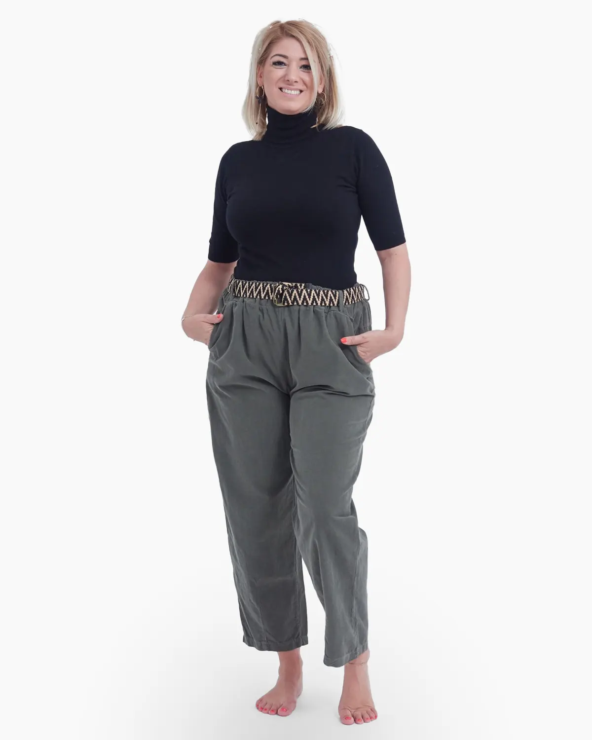 Haine damă - Pantaloni din bumbac kaki cu un aspect raiat