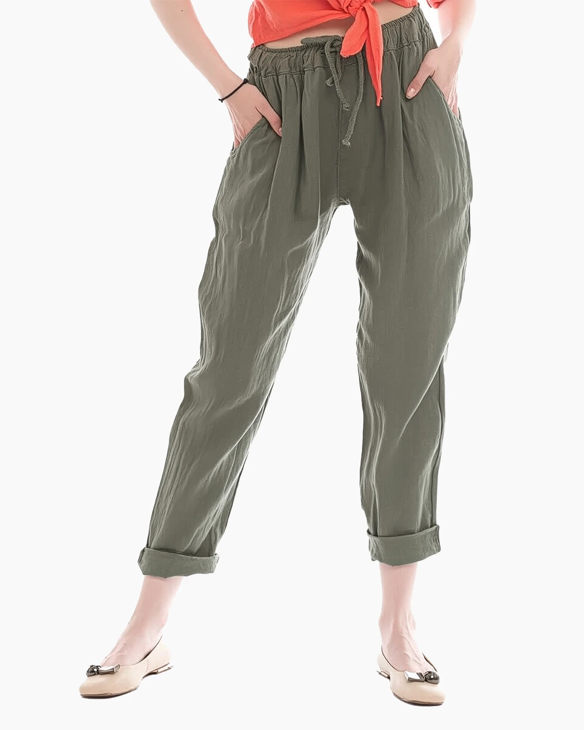 Pantaloni Casual - Pantaloni din in conici și șnur în talie