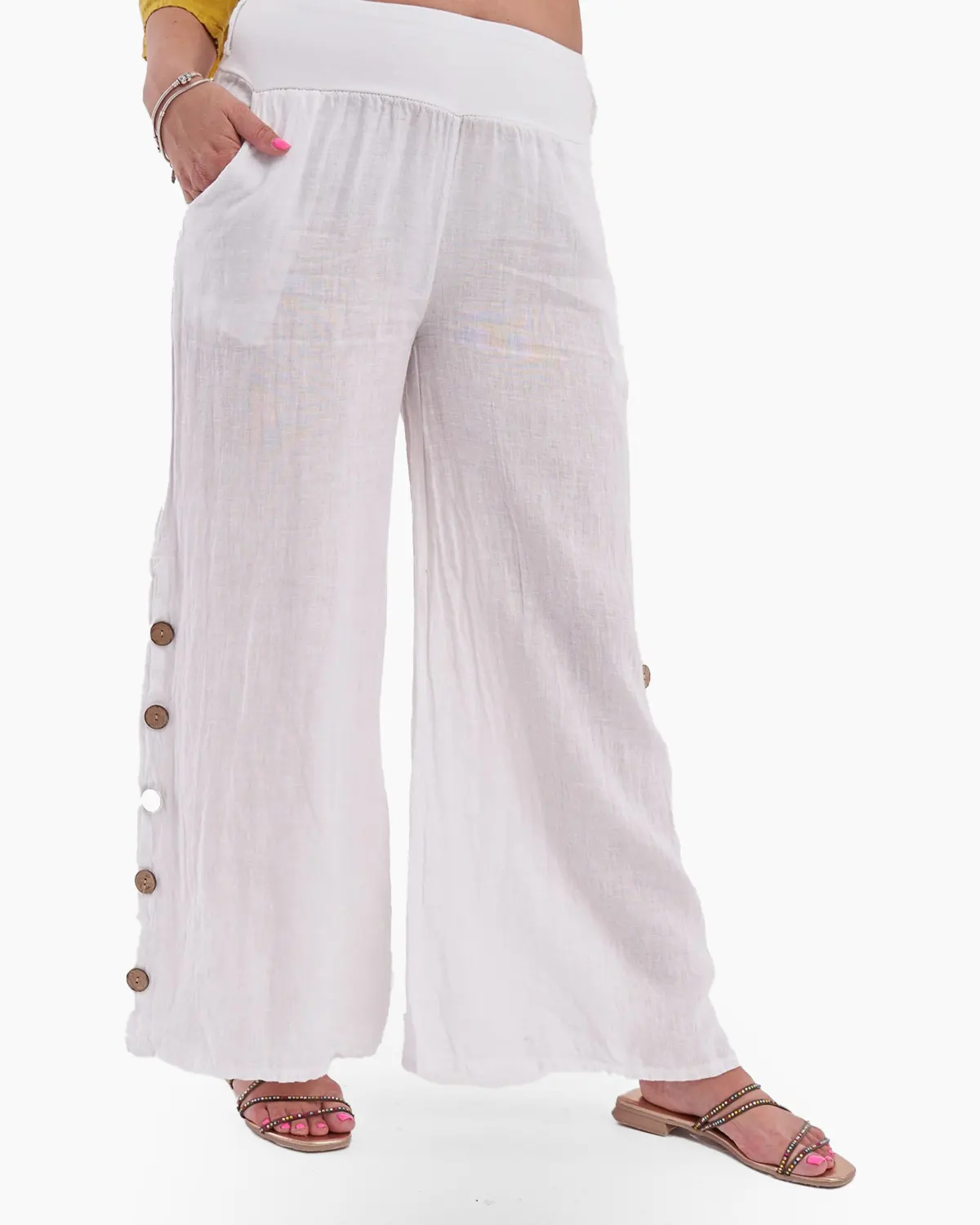 Pantaloni din In - Pantaloni din in cu nasturi aplicati lateral
