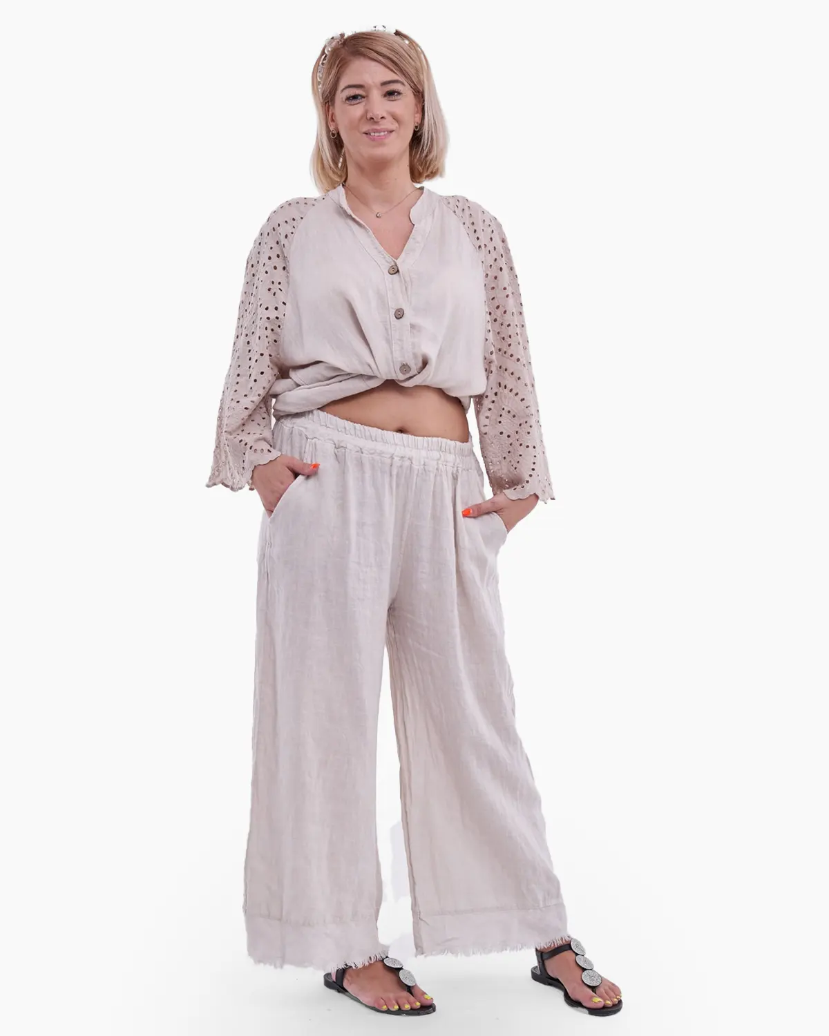 Haine damă - Pantaloni din in pur crem