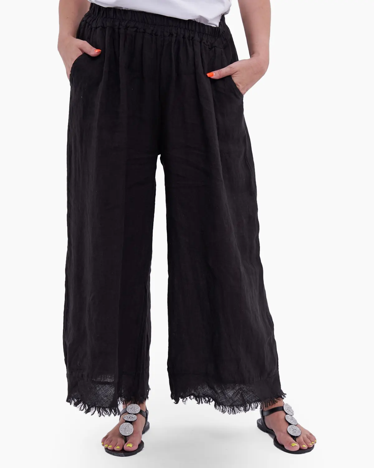 Haine damă - Pantaloni din in pur negru
