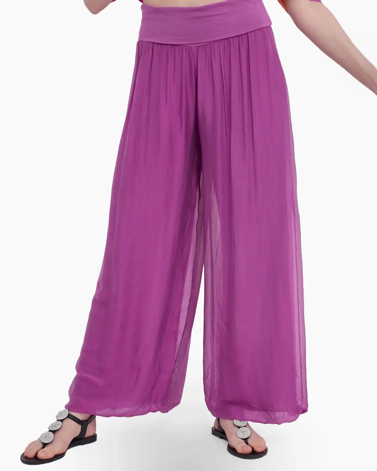 Haine damă - Pantaloni din matase, tip salvari, fucsia