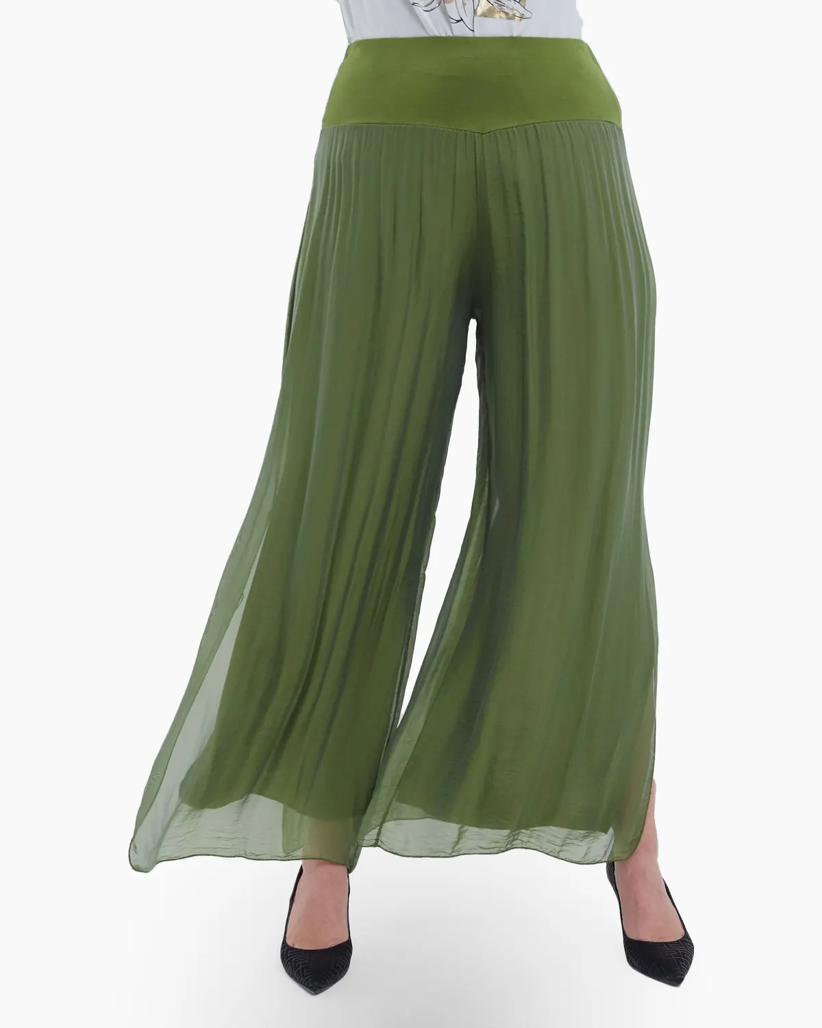 Haine damă - Pantaloni eleganti din matase naturala cu despicaturi laterale ample stil fusta, croiala lejera, talie unica, pentru un look casual sofisticat, verde olive