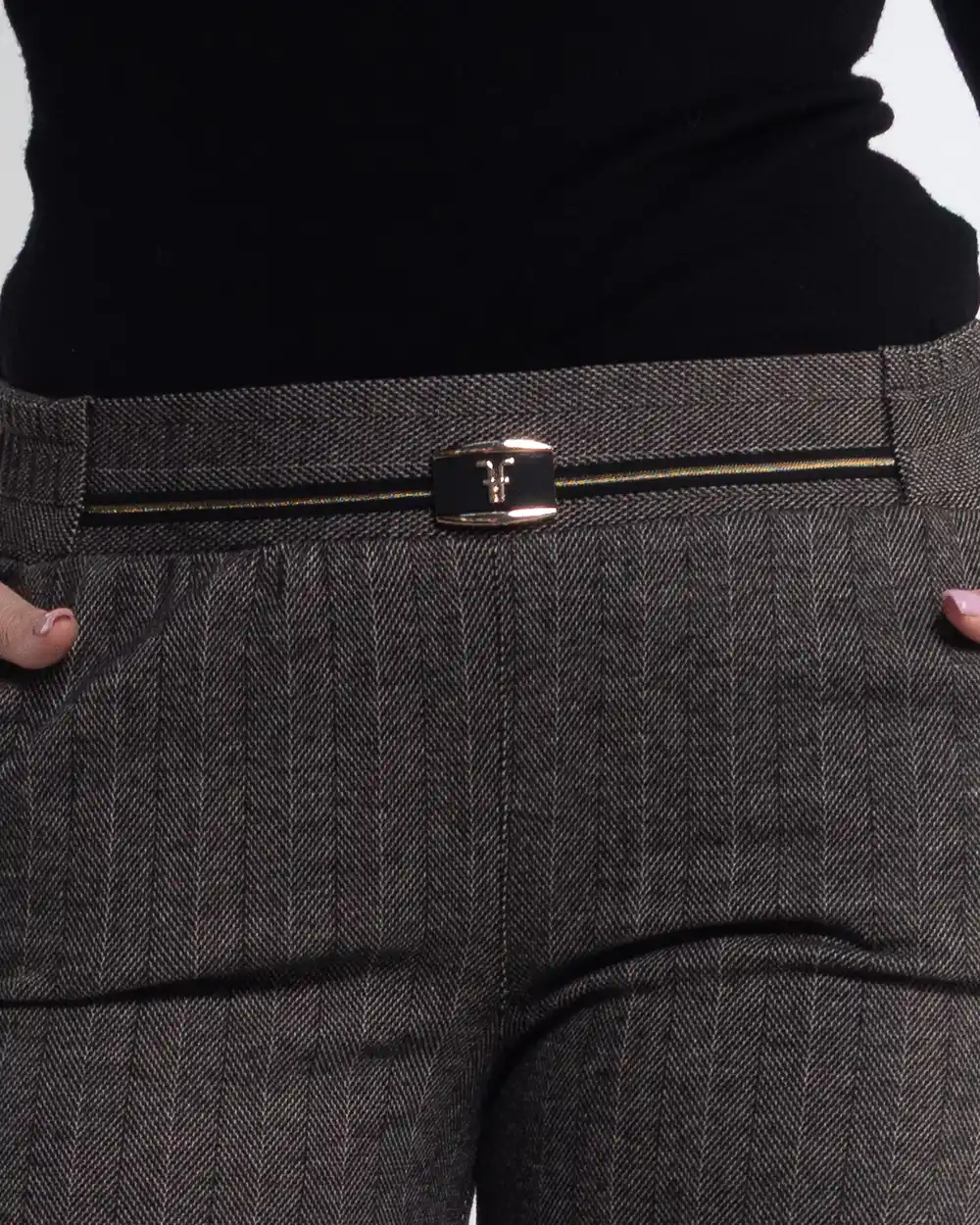 Pantaloni eleganți gri din bumbac texturat și cataramă aurie [3]