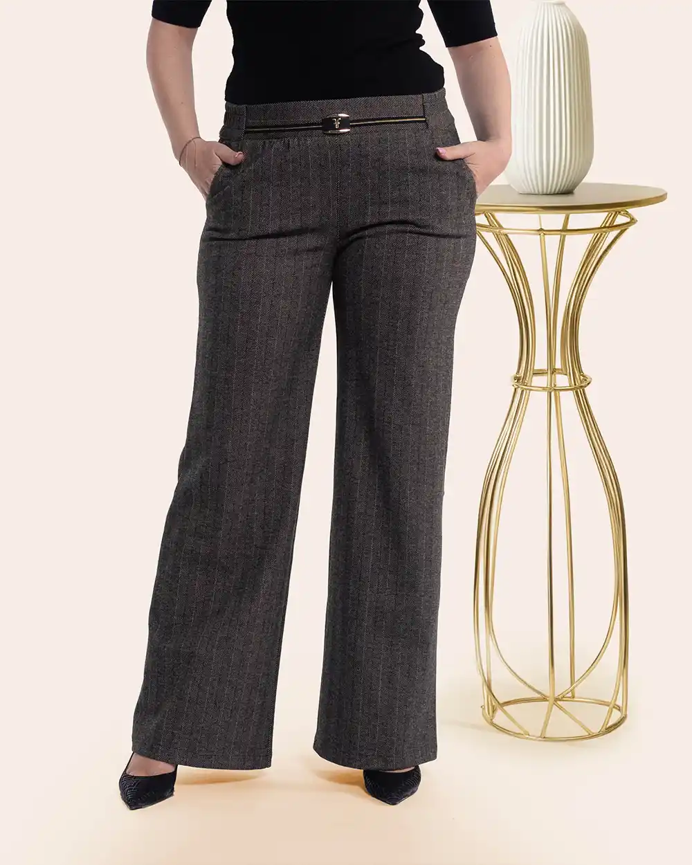 Pantaloni - Pantaloni eleganți gri din bumbac texturat și cataramă aurie