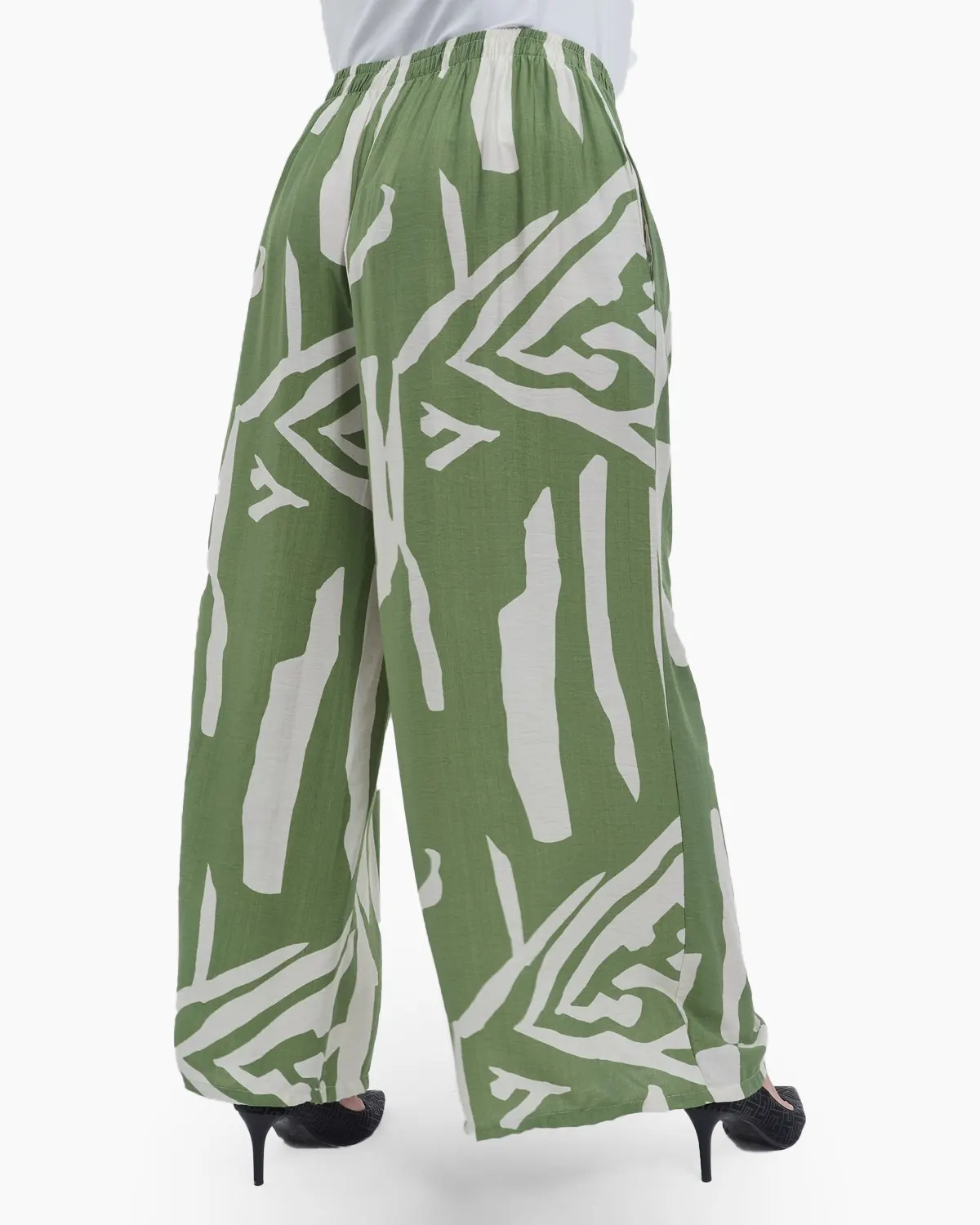 Pantaloni evazati fluizi din viscoza cu imprimeu abstract elegant talie unica ajustabila si buzunare laterale stil casual negru [3]