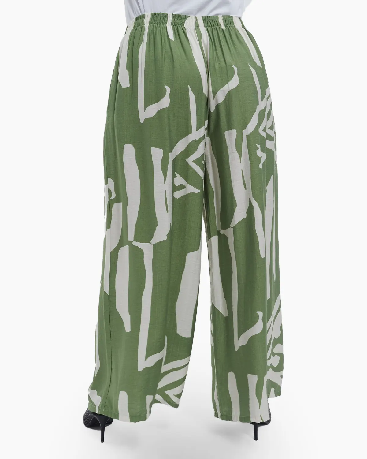 Pantaloni evazati fluizi din viscoza cu imprimeu abstract elegant talie unica ajustabila si buzunare laterale stil casual negru [2]