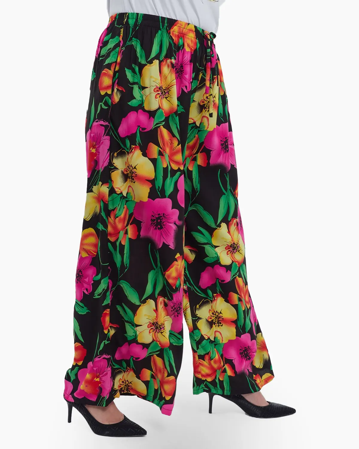 Pantaloni evazati din viscoza fluida cu imprimeu floral delicat talie elastica cu snur si buzunare lejeri pentru un stil casual chic negru [3]