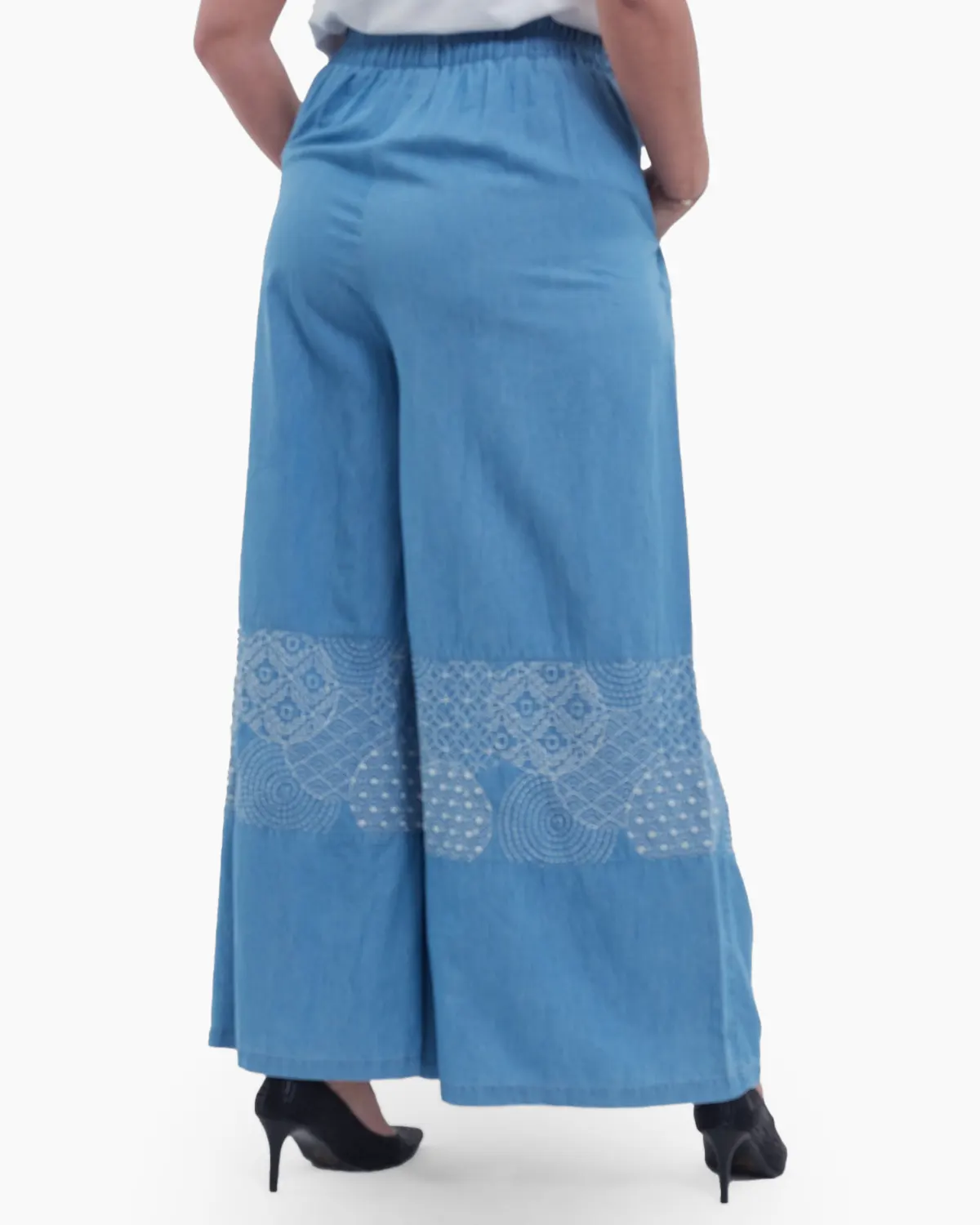 Pantaloni evazati eleganti cu design fusta, din denim de bumbac si broderie abstracta, ideali pentru tinute casual chic, bleu [3]