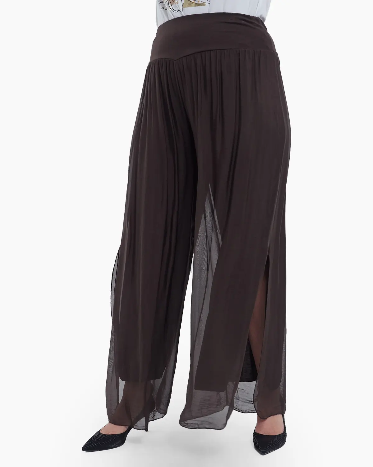 Haine damă - Pantaloni fluizi matase naturala cu despicaturi laterale stil fusta, talie unica, croiala lejera, casual, maro