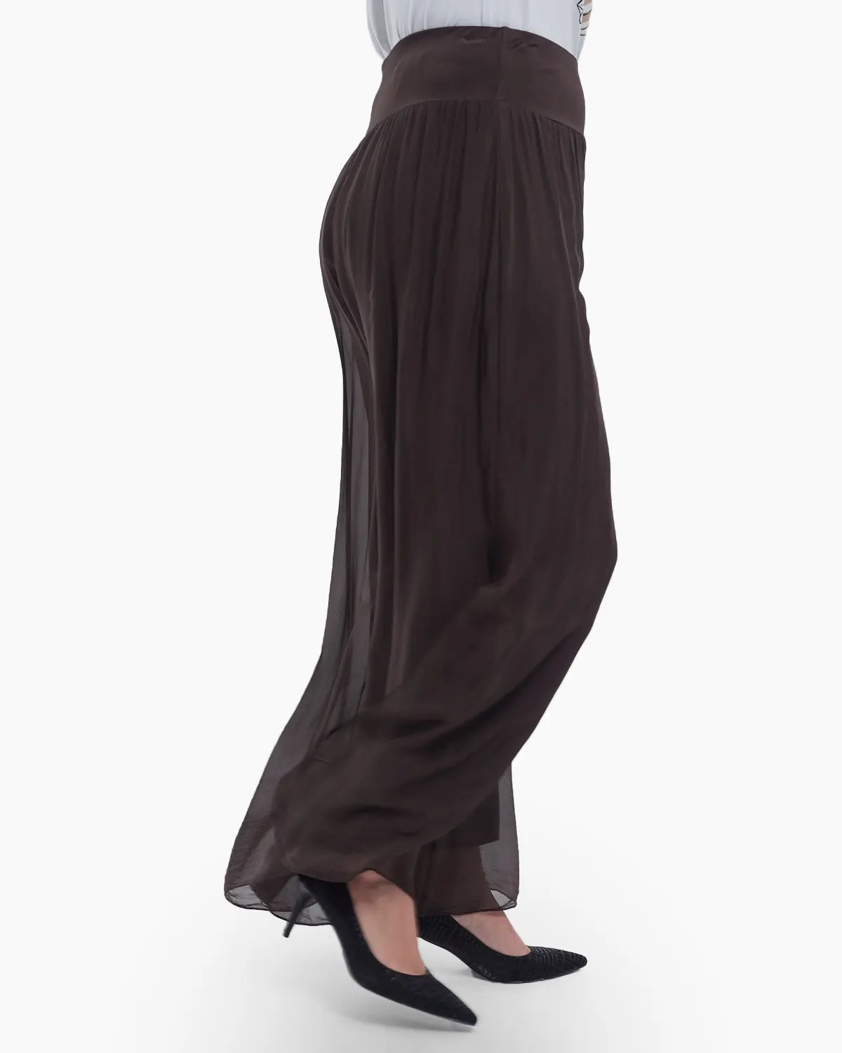 Pantaloni fluizi matase naturala cu despicaturi laterale stil fusta, talie unica, croiala lejera, casual, maro [2]