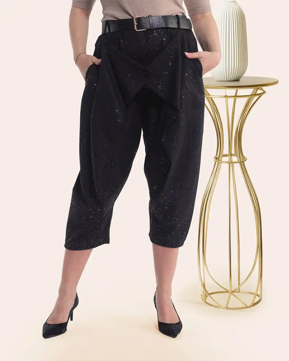 Îmbrăcăminte Damă - Pantaloni glitter casual chic negri stil salvari cu curea și sclipici