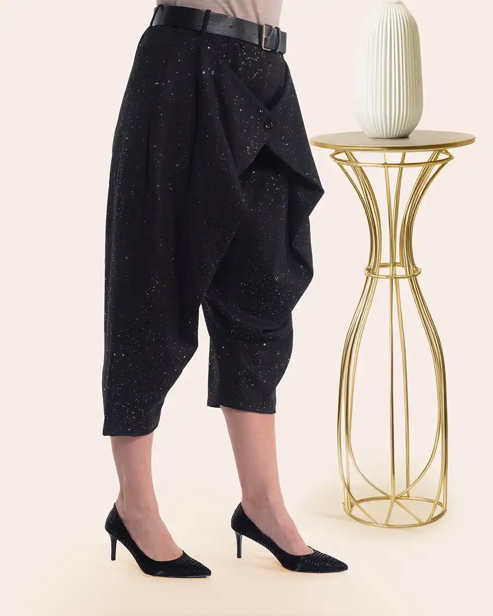 Pantaloni glitter casual chic negri stil salvari cu curea și sclipici [2]