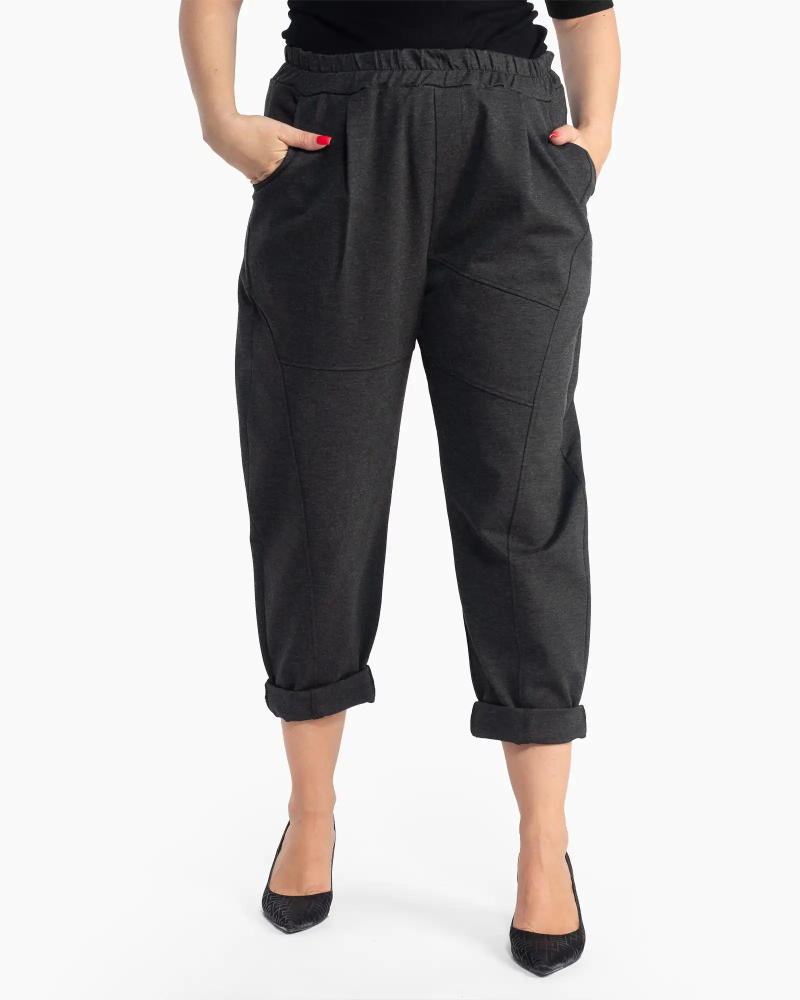Produse noi - Pantaloni gri conici de toamnă, cu linie fluidă și croială lejeră