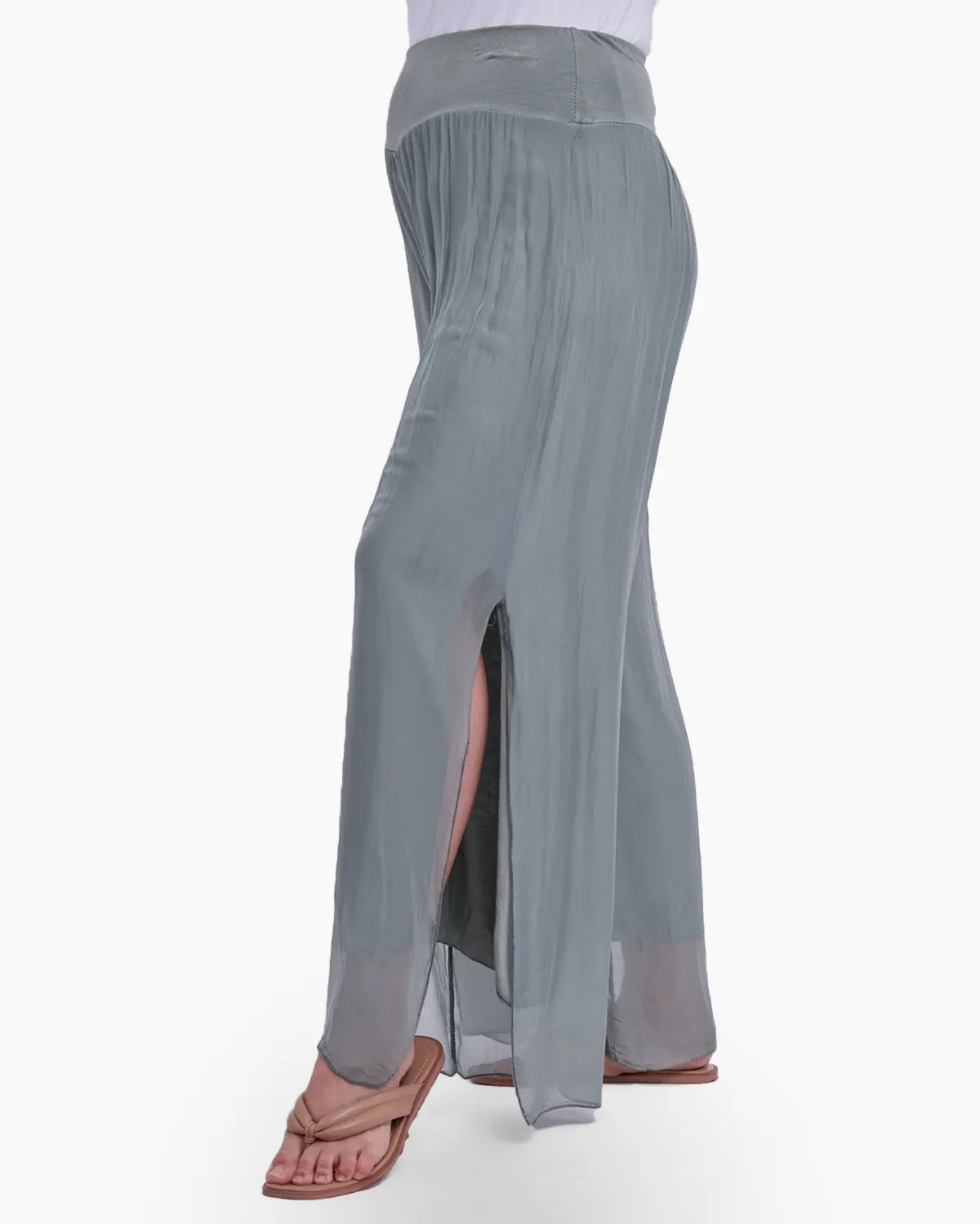 Pantaloni kaki din matase naturala, despicati lateral [1]
