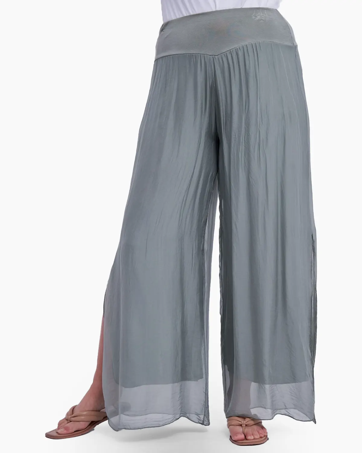 Pantaloni din Mătase - Pantaloni kaki din matase naturala, despicati lateral
