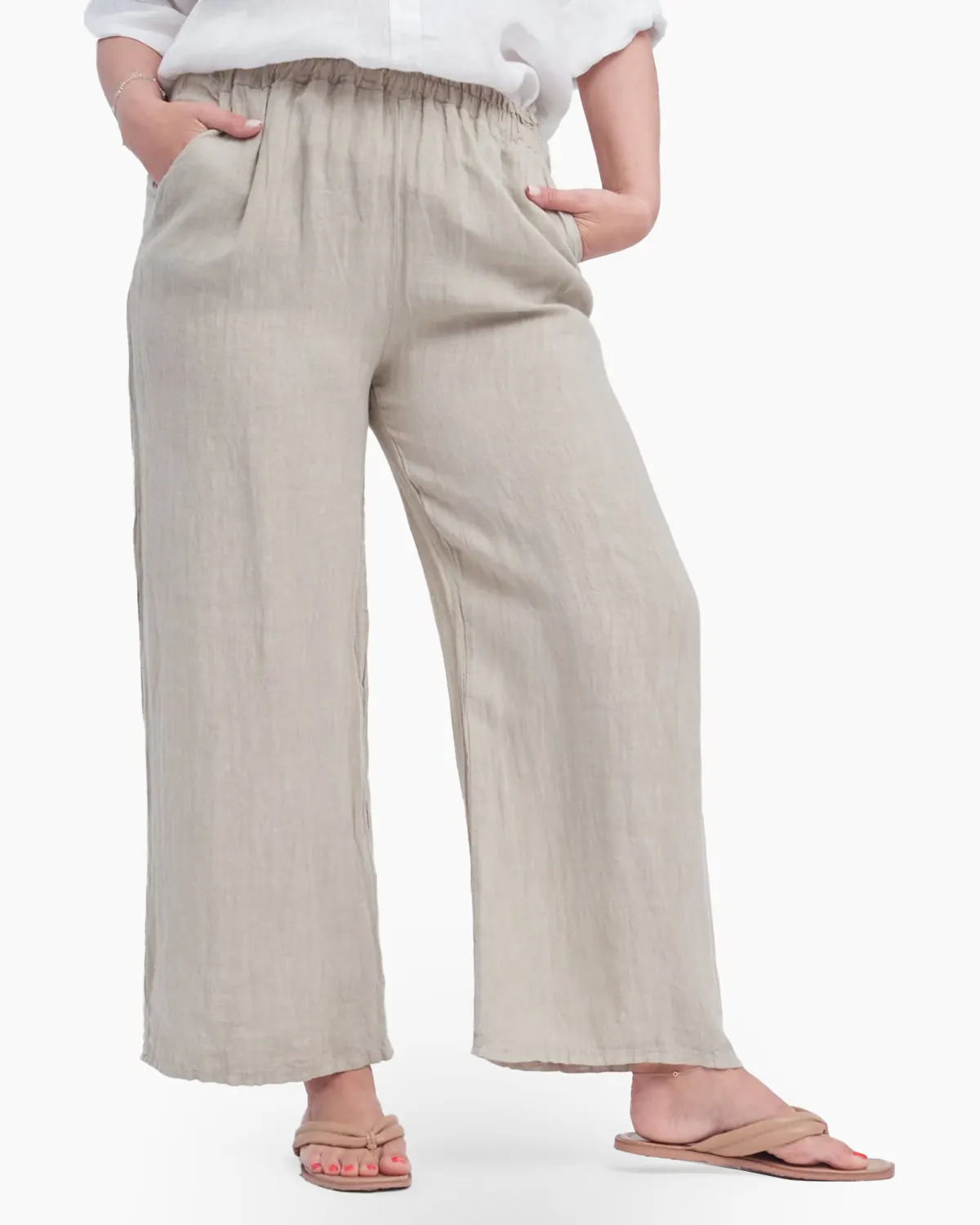 Haine damă - Pantaloni largi si drepti din in cu buzunare laterale, bej deschis