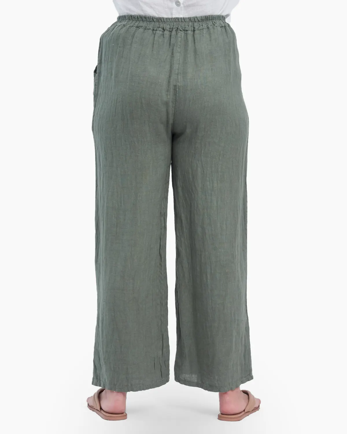 Pantaloni largi si drepti din in cu buzunare laterale, kaki [1]
