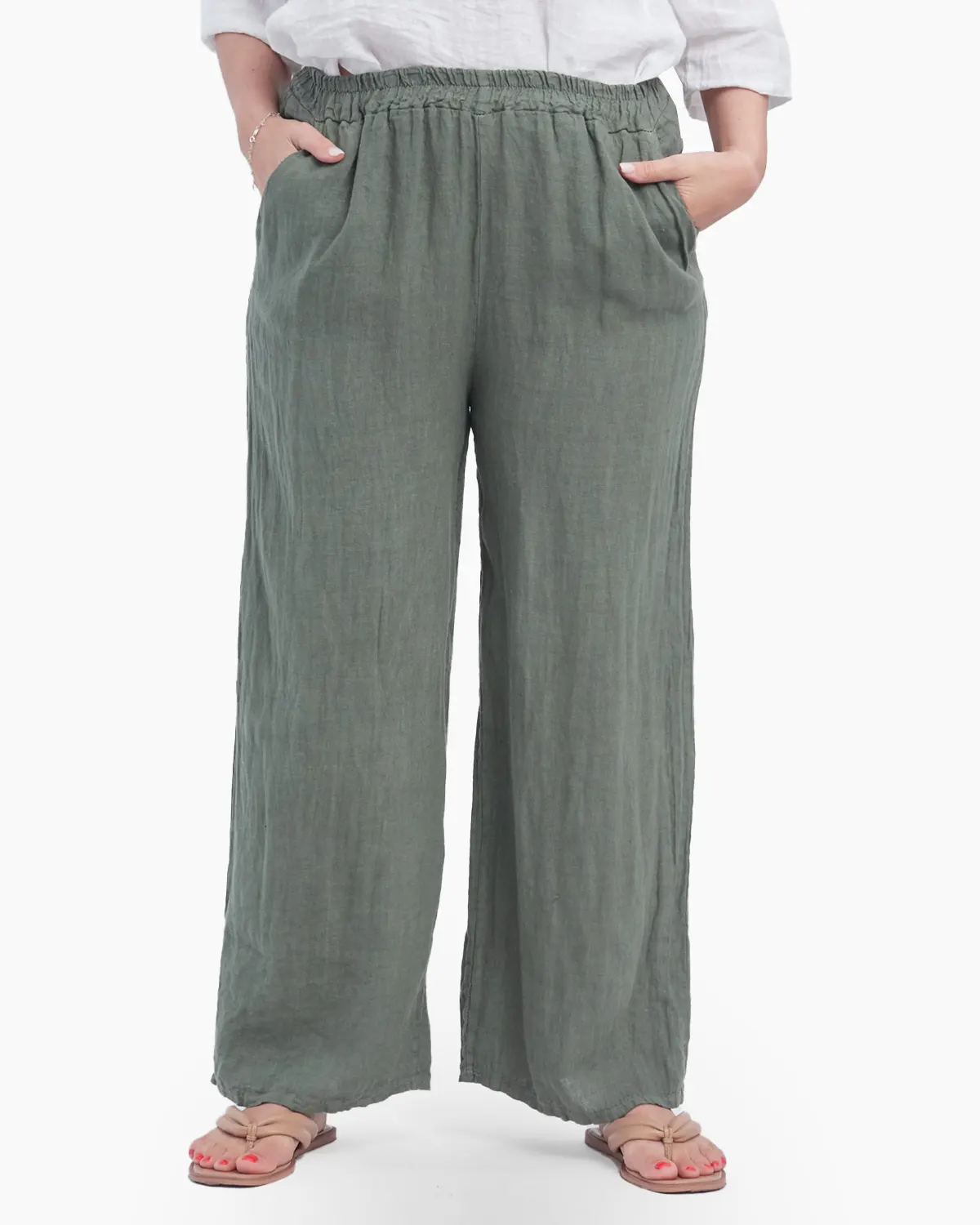 Pantaloni din In - Pantaloni largi si drepti din in cu buzunare laterale, kaki