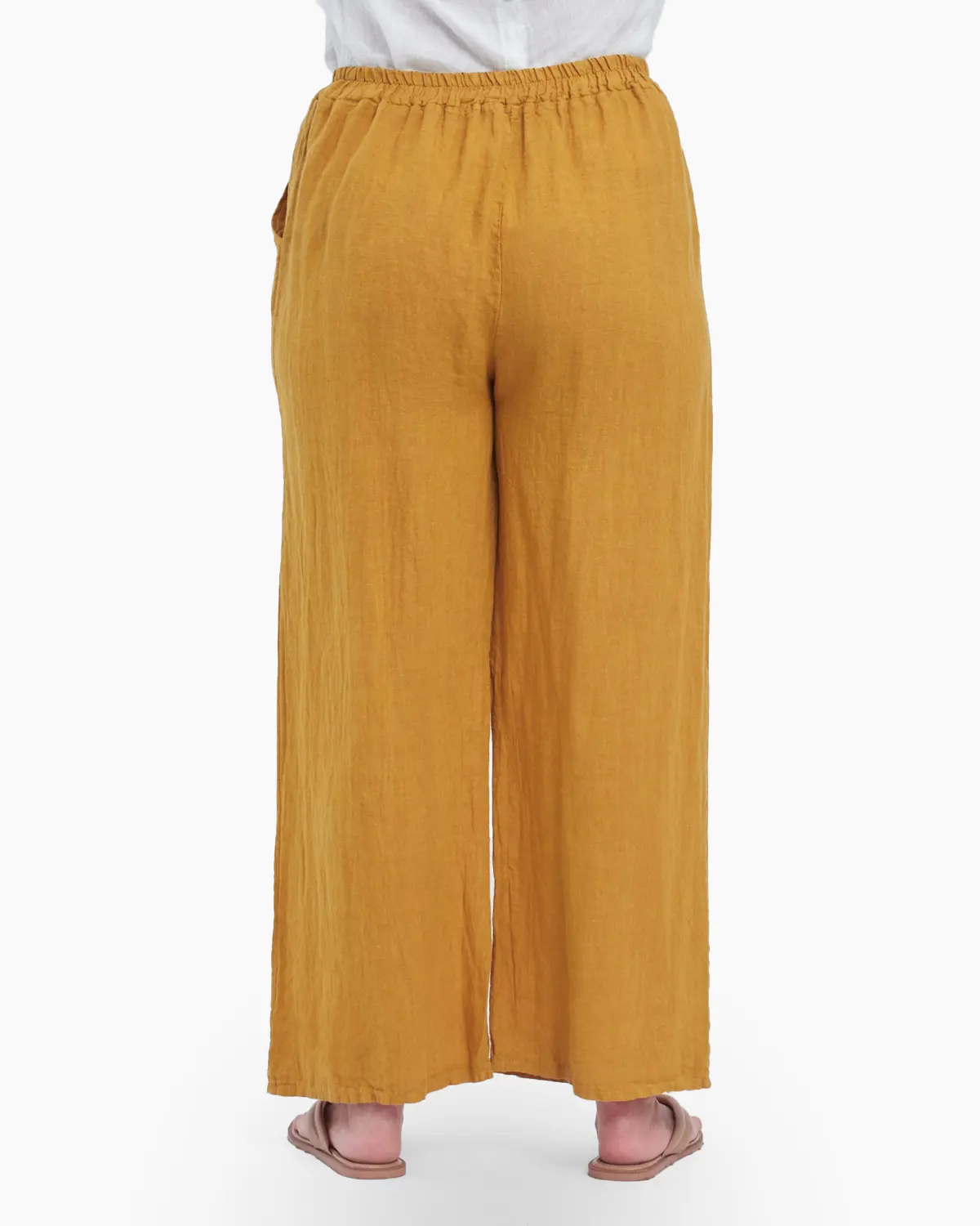 Pantaloni largi si drepti din in cu buzunare laterale, mustar [1]