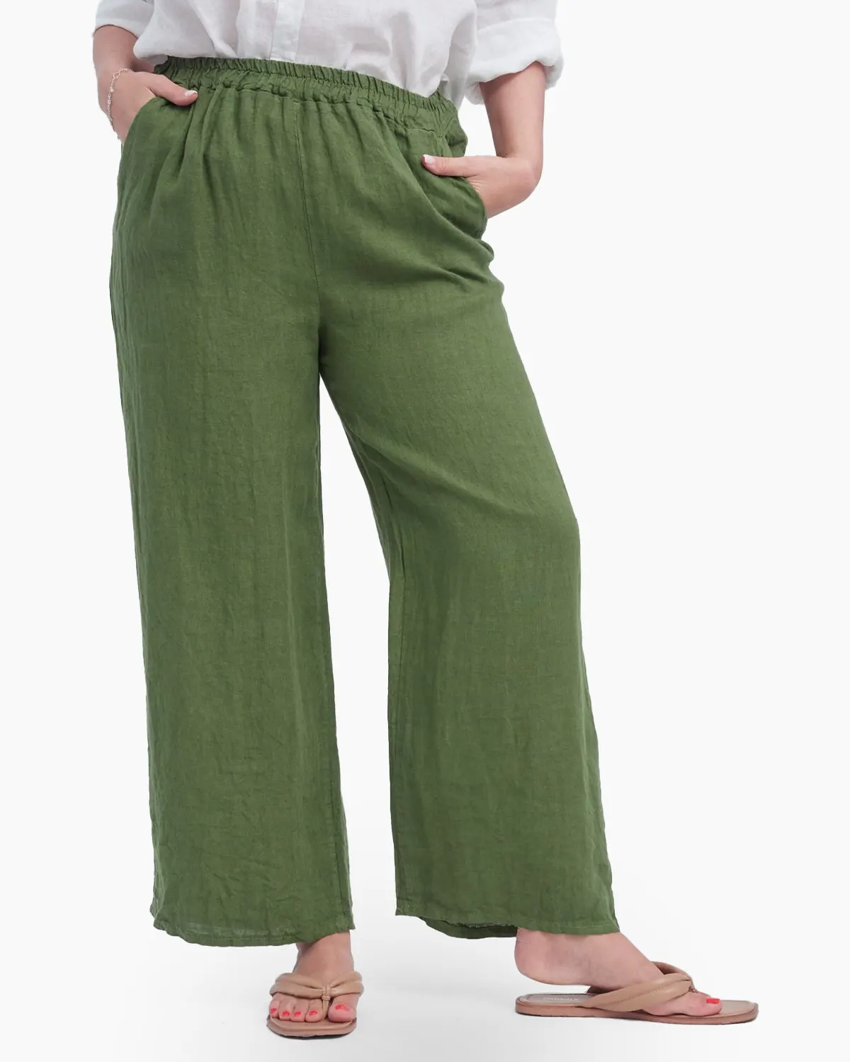 Pantaloni din In - Pantaloni largi si drepti din in cu buzunare laterale, verde oliv