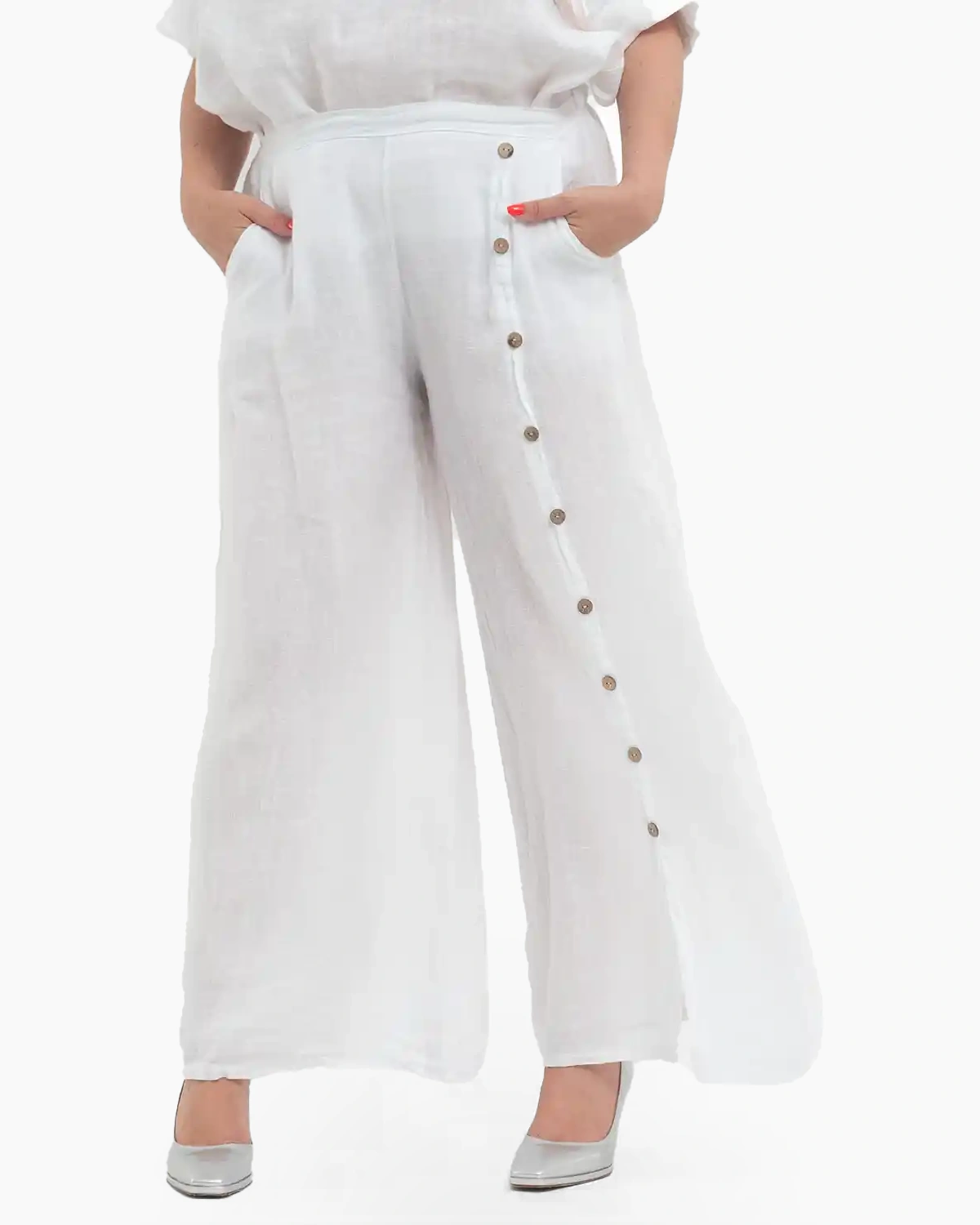 Haine damă - Pantaloni lungi albi din in pentru vară, confortabili și practici