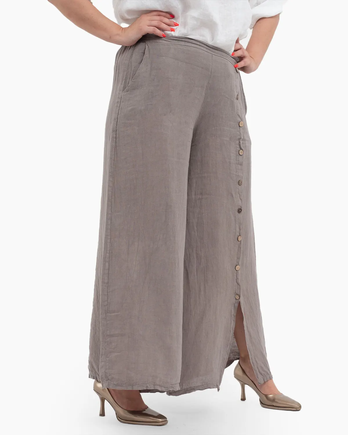 Pantaloni din In - Pantaloni lungi bej fango din in pentru vară, confortabili și practici