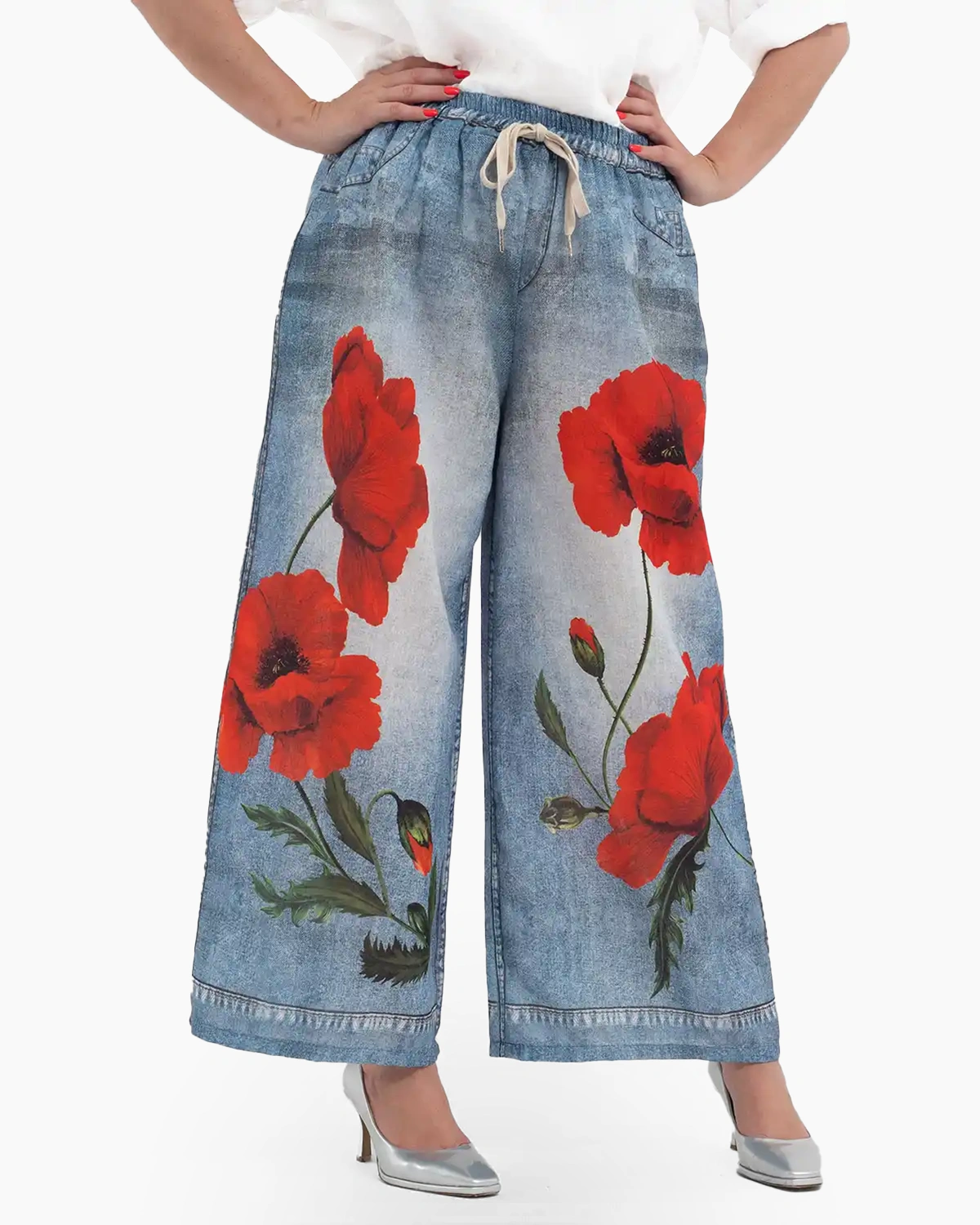 Haine damă - Pantaloni lungi evazați cu imprimeu cu maci pentru vară
