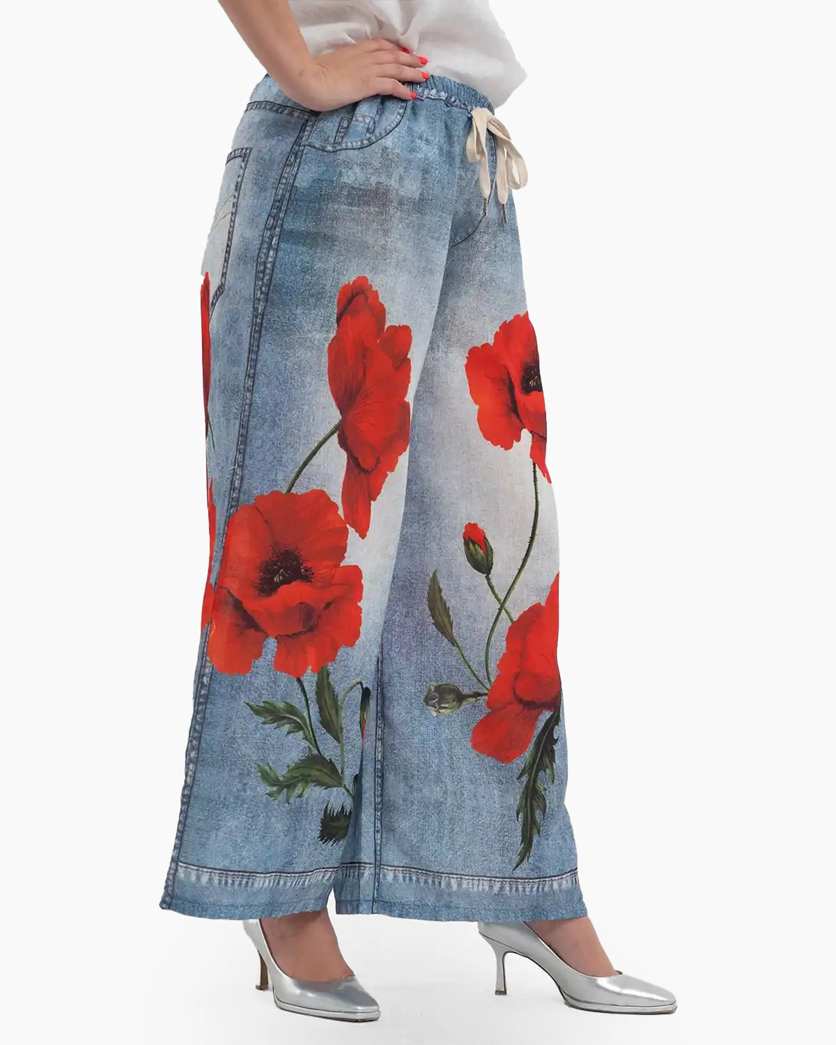 Pantaloni lungi evazați cu imprimeu cu maci pentru vară [2]