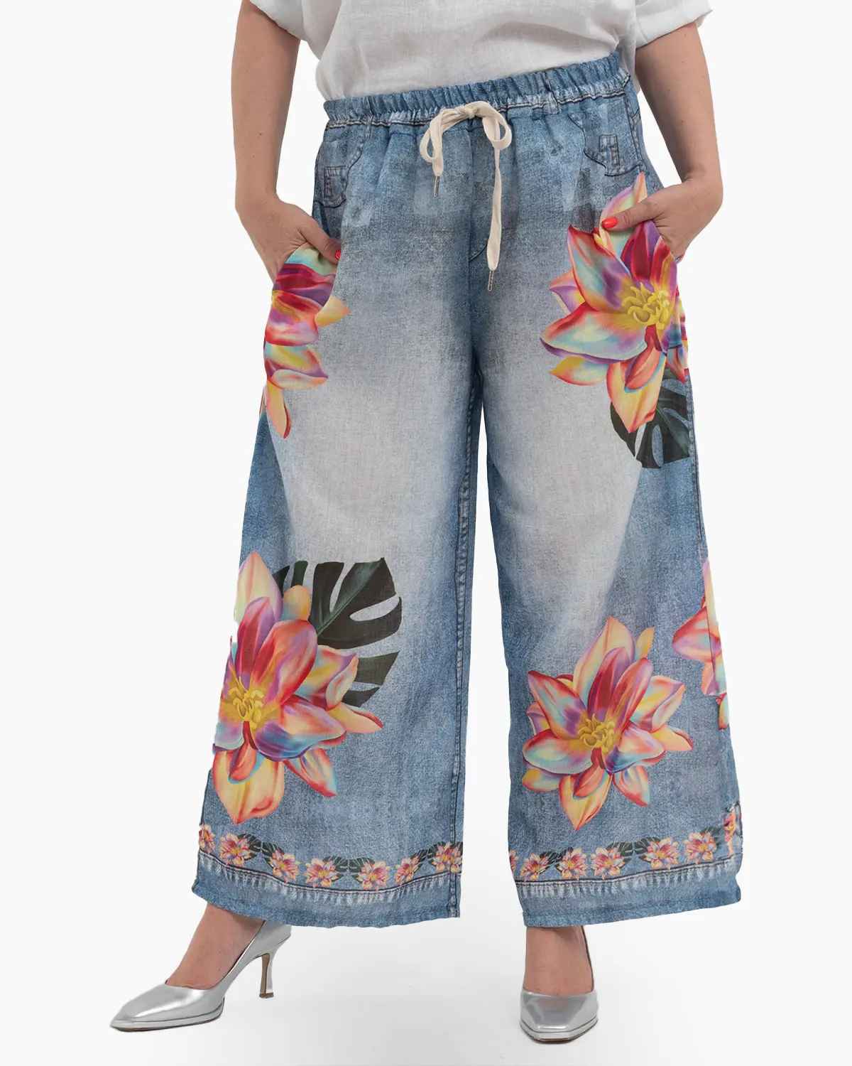 Haine damă - Pantaloni lungi evazați cu imprimeu floral pentru vară