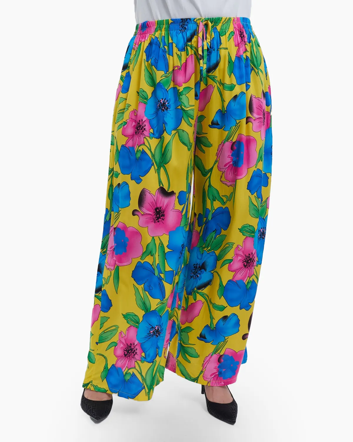 Pantaloni lungi evazati din viscoza premium cu imprimeu floral distinctiv talie ajustabila si buzunare stil casual chic negru [3]