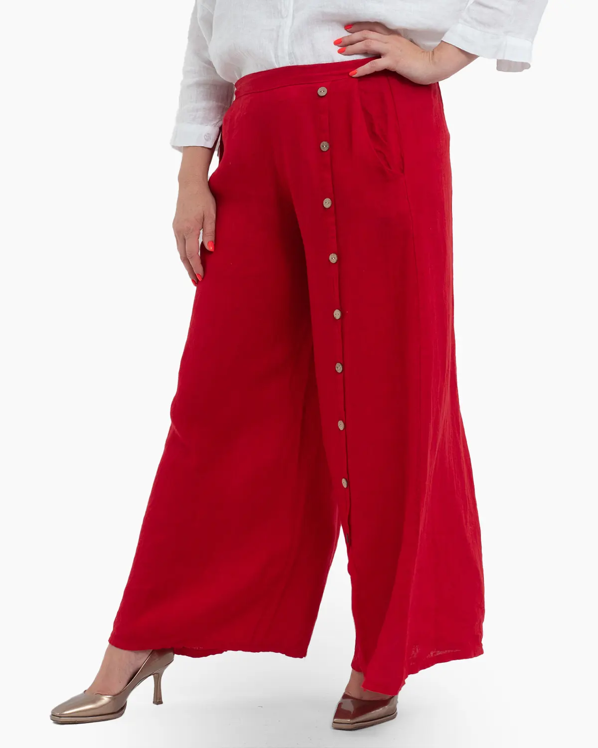 Haine damă - Pantaloni lungi roșii din in pentru vară, confortabili și practici
