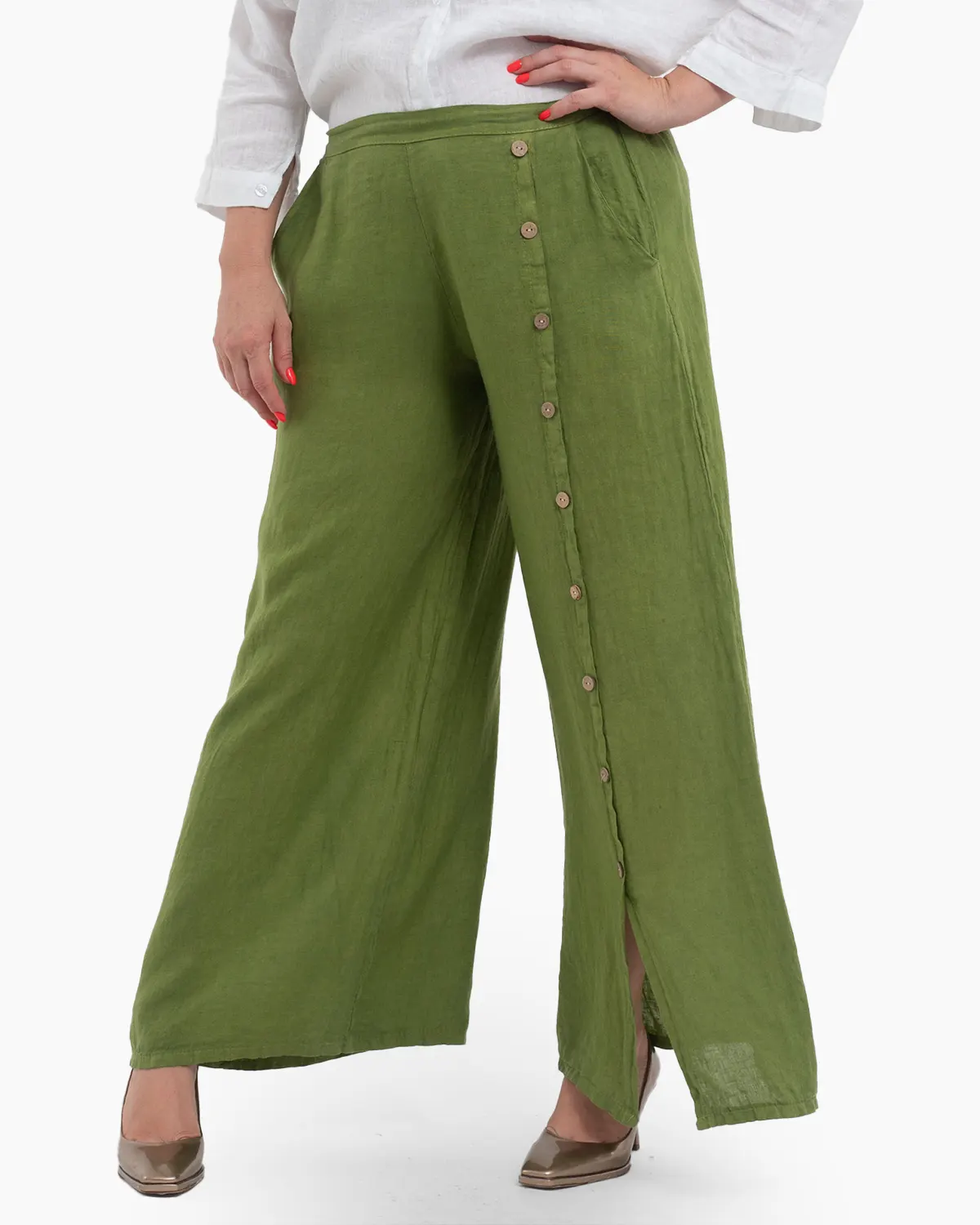 Haine damă - Pantaloni lungi verzi din in pentru vară, confortabili și practici