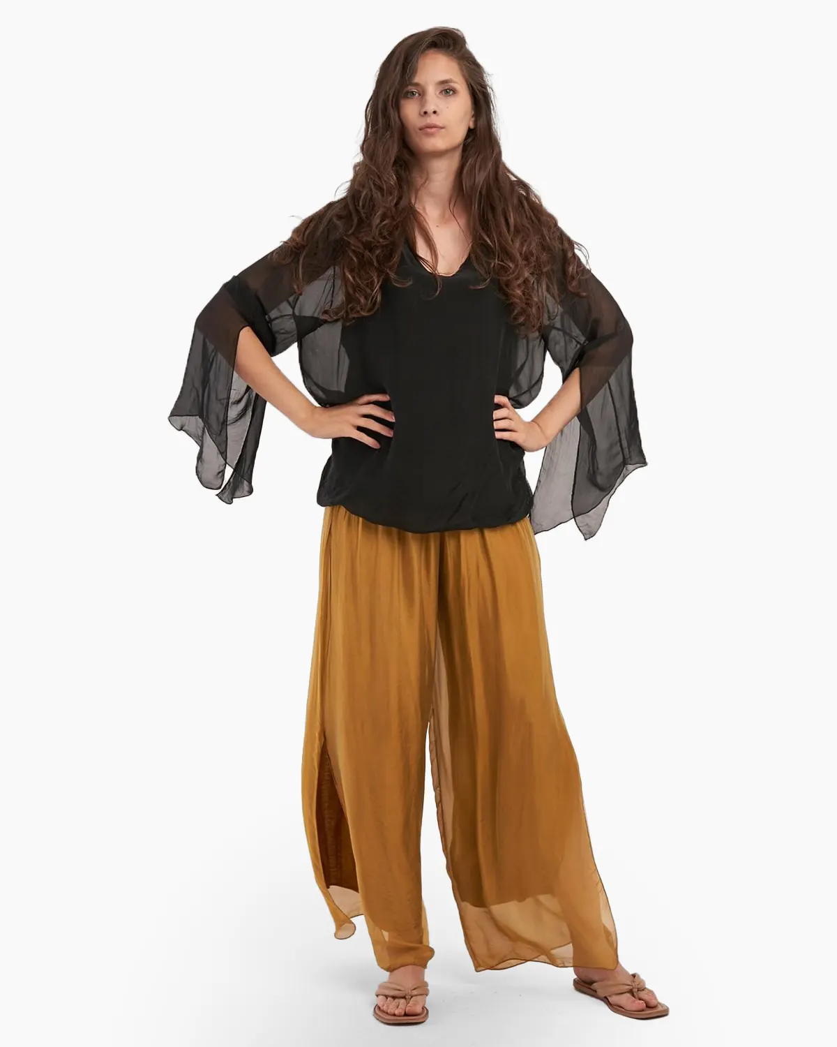 Pantaloni din Mătase - Pantaloni  mustar din matase naturala, despicati lateral
