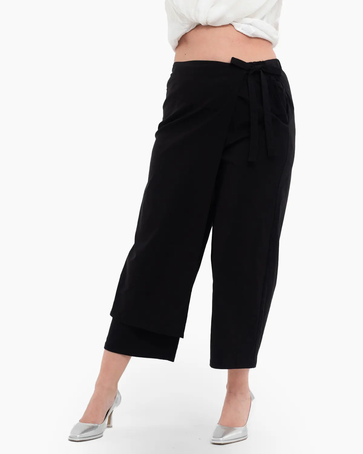 Pantaloni din Vâscoză - Pantaloni negri petrecuti, cu funda eleganta