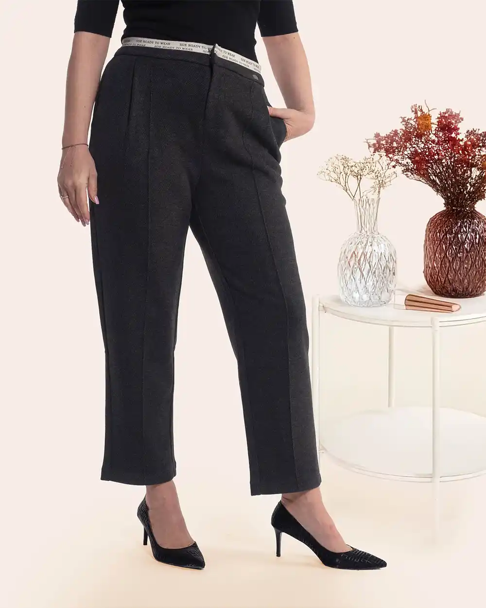 Pantaloni - Pantaloni negri stofă groasă interior pufos călduros