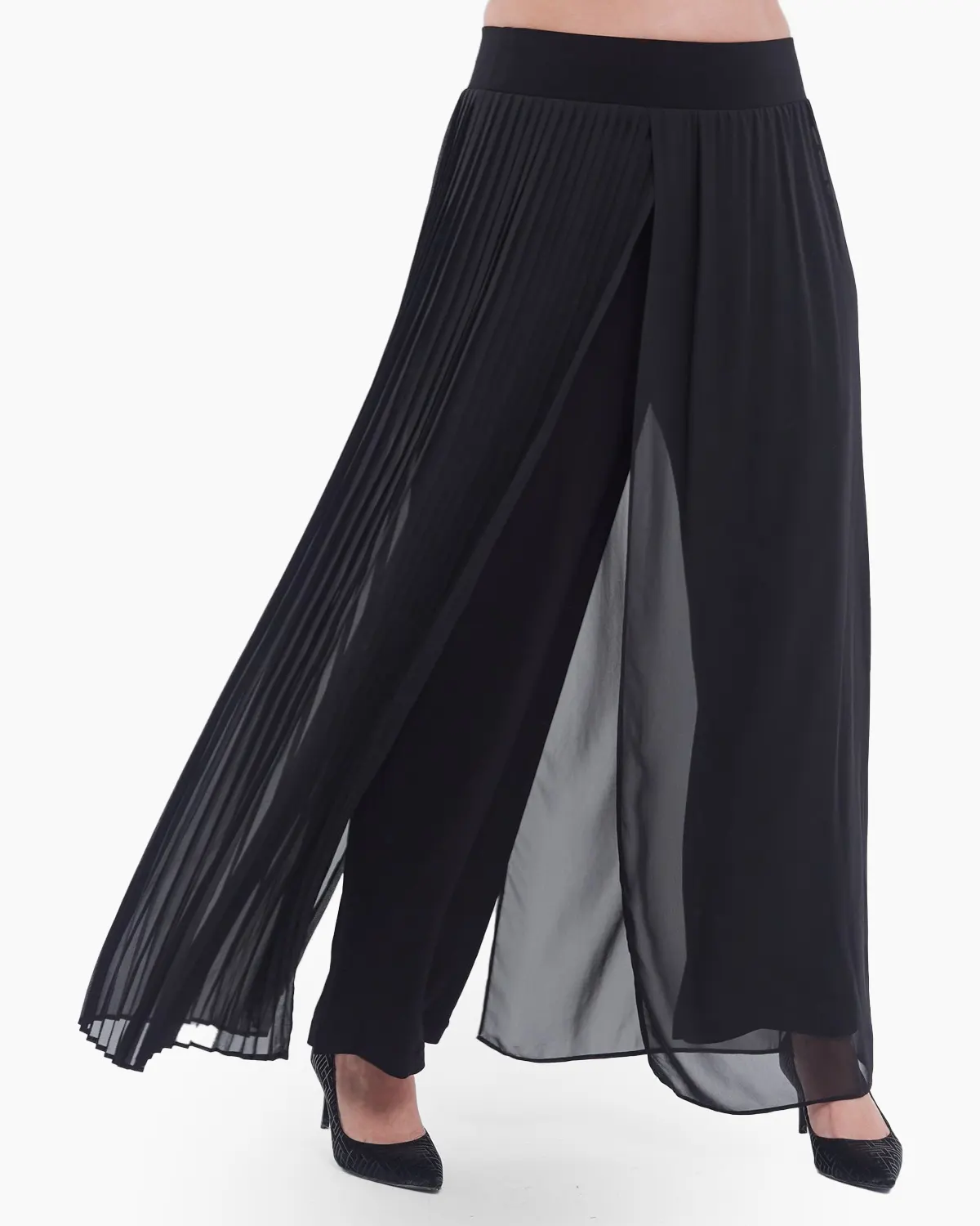 Pantaloni Casual - Pantaloni palazzo negri eleganți din voal plisat cu talie elastică și croială fluidă