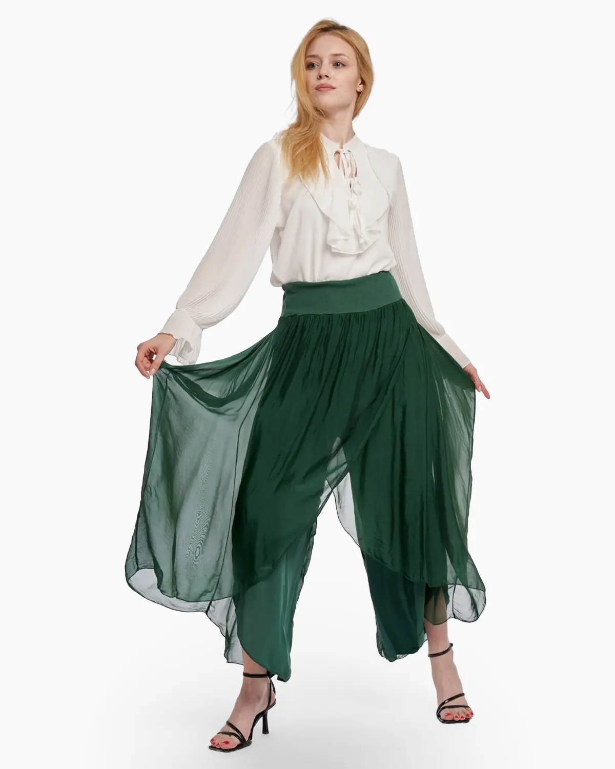 Haine damă - Pantaloni petrecuti din matase verde inchis