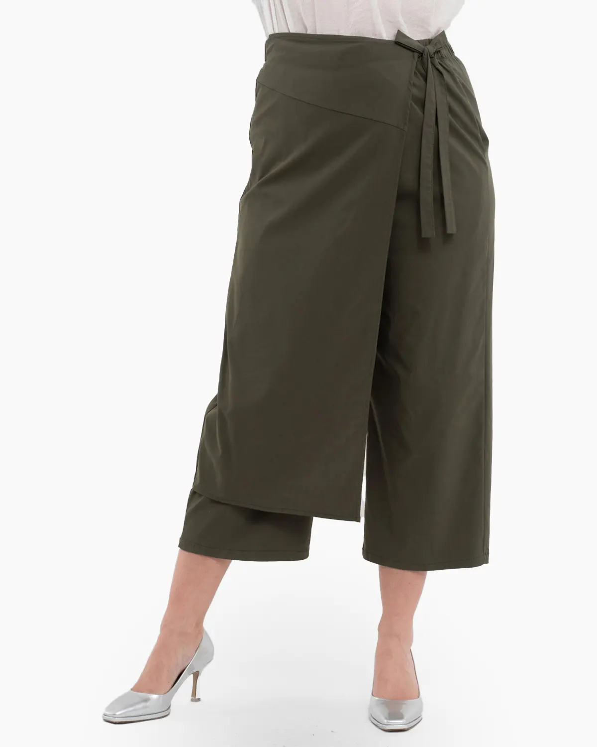 Pantaloni din Vâscoză - Pantaloni petrecuti kaki, cu funda eleganta