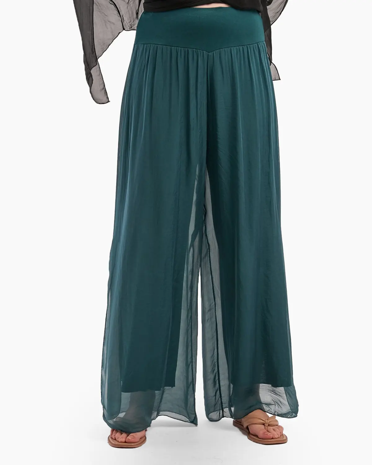 Pantaloni din Mătase - Pantaloni  verde inchis din matase naturala, despicati lateral