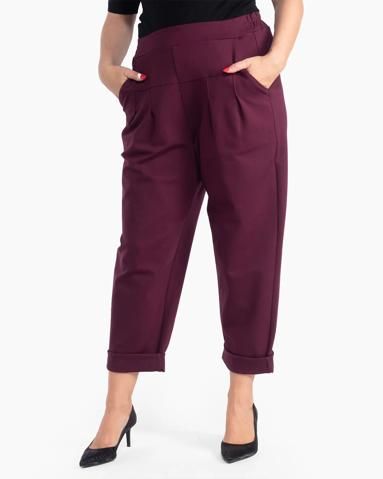 Produse noi - Pantaloni vișinii eleganți-casual cu linie fluidă și talie elastică