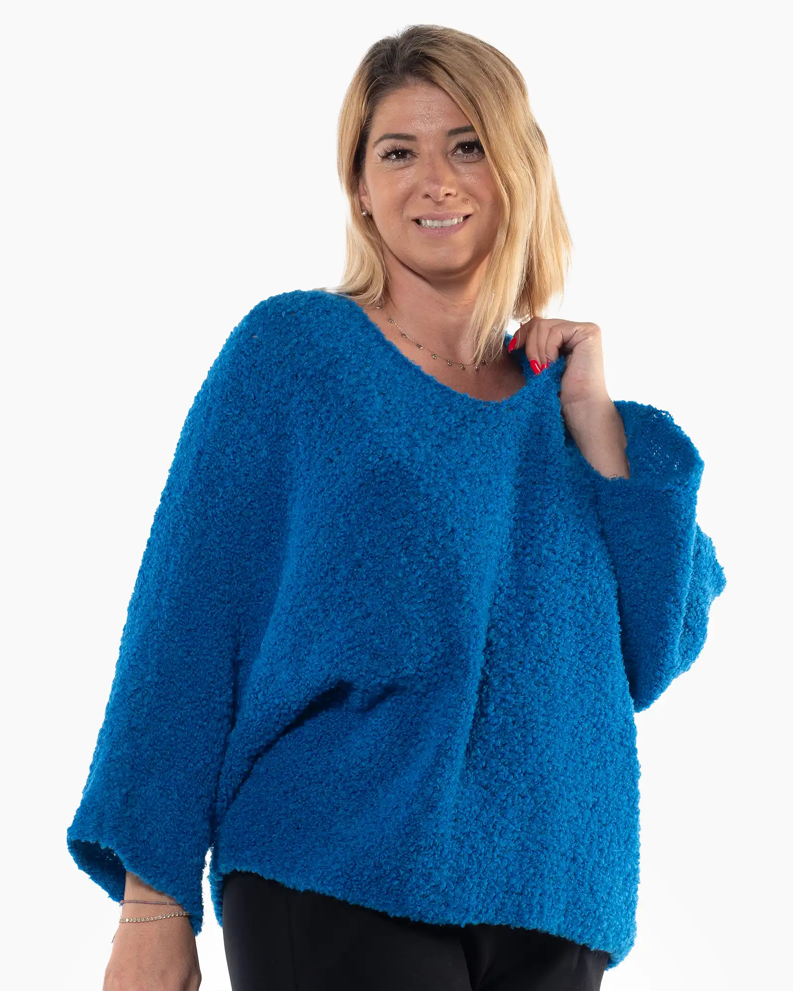 Pulover albastru tricotat cu design lejer oversize [2]