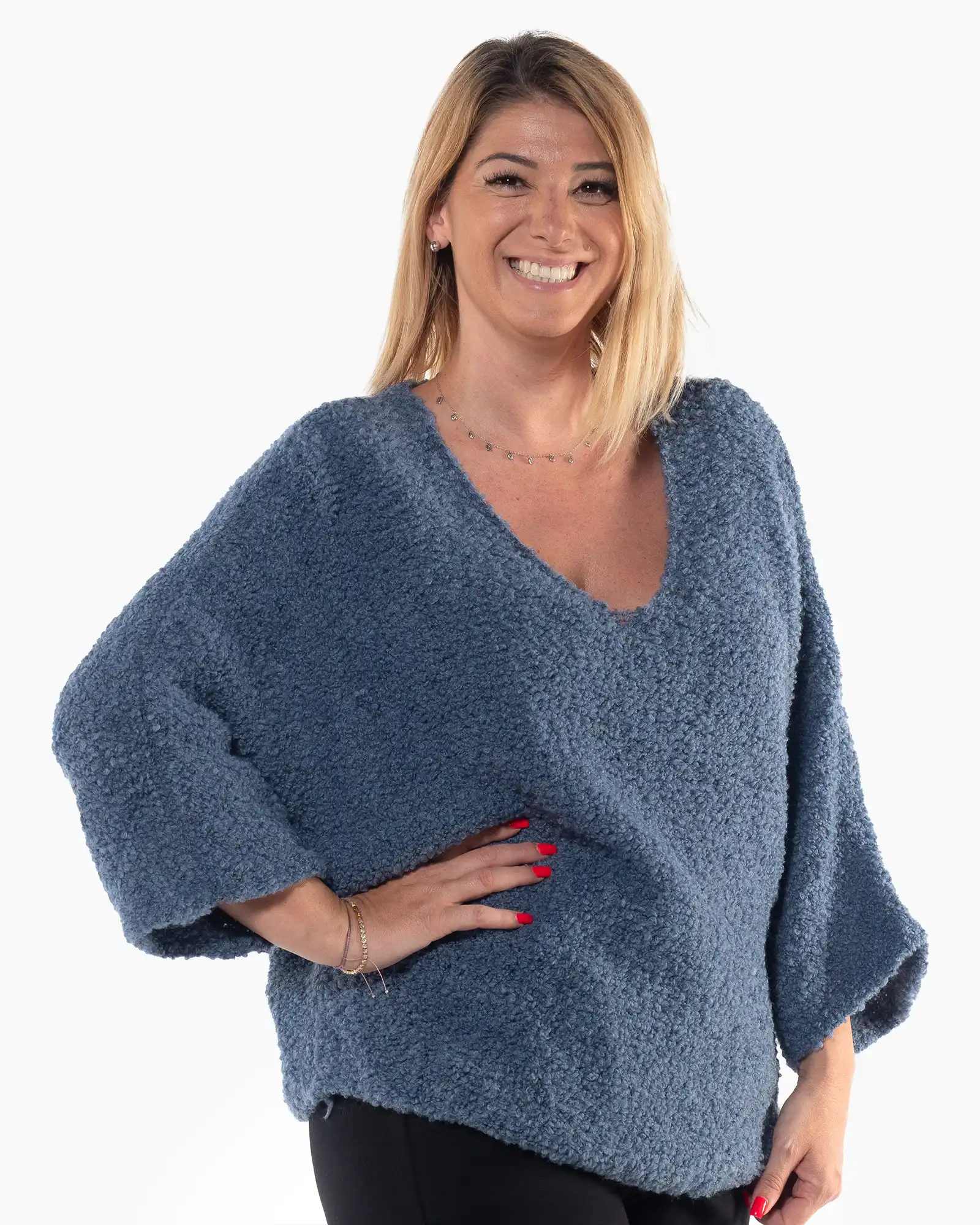 Pulover casual albastru pufos, cu design lejer și mâneci batwing [2]