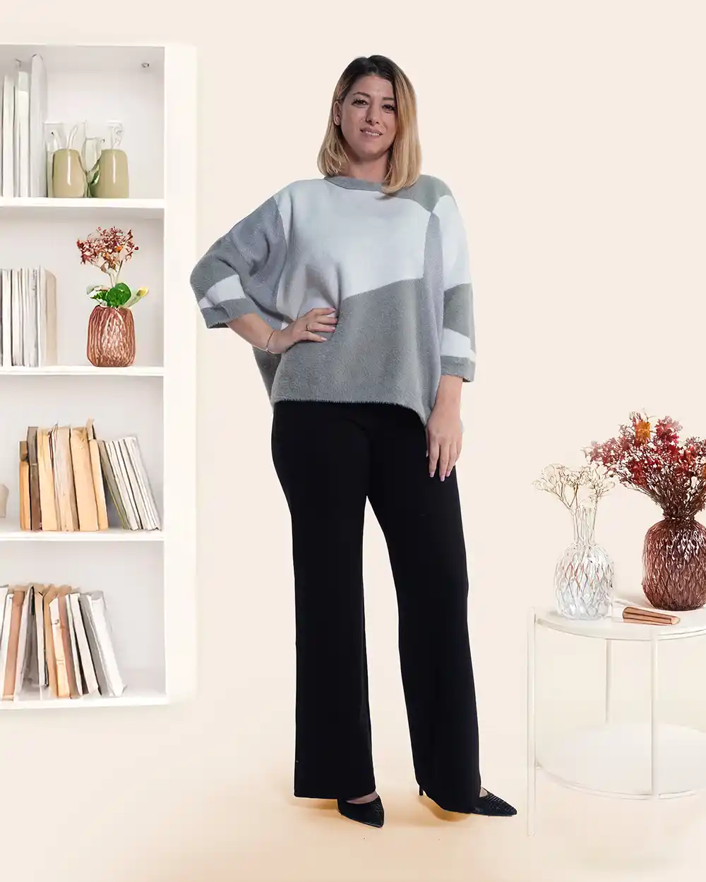 Pulover casual chic gri cu mâneci dolman [2]