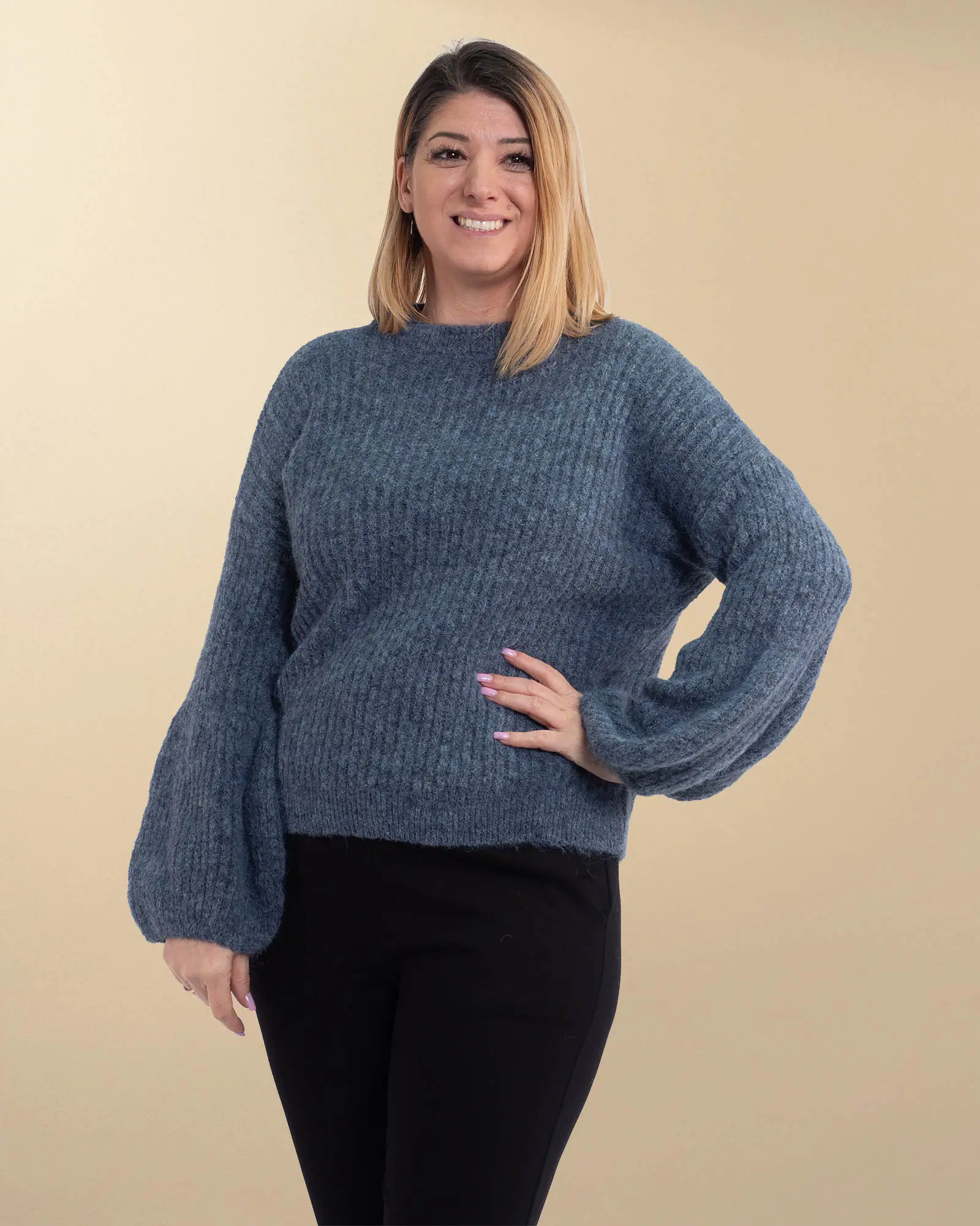 Pulovere - Pulover casual din lână pufoasă de un albastru visător cu mâneci bufante