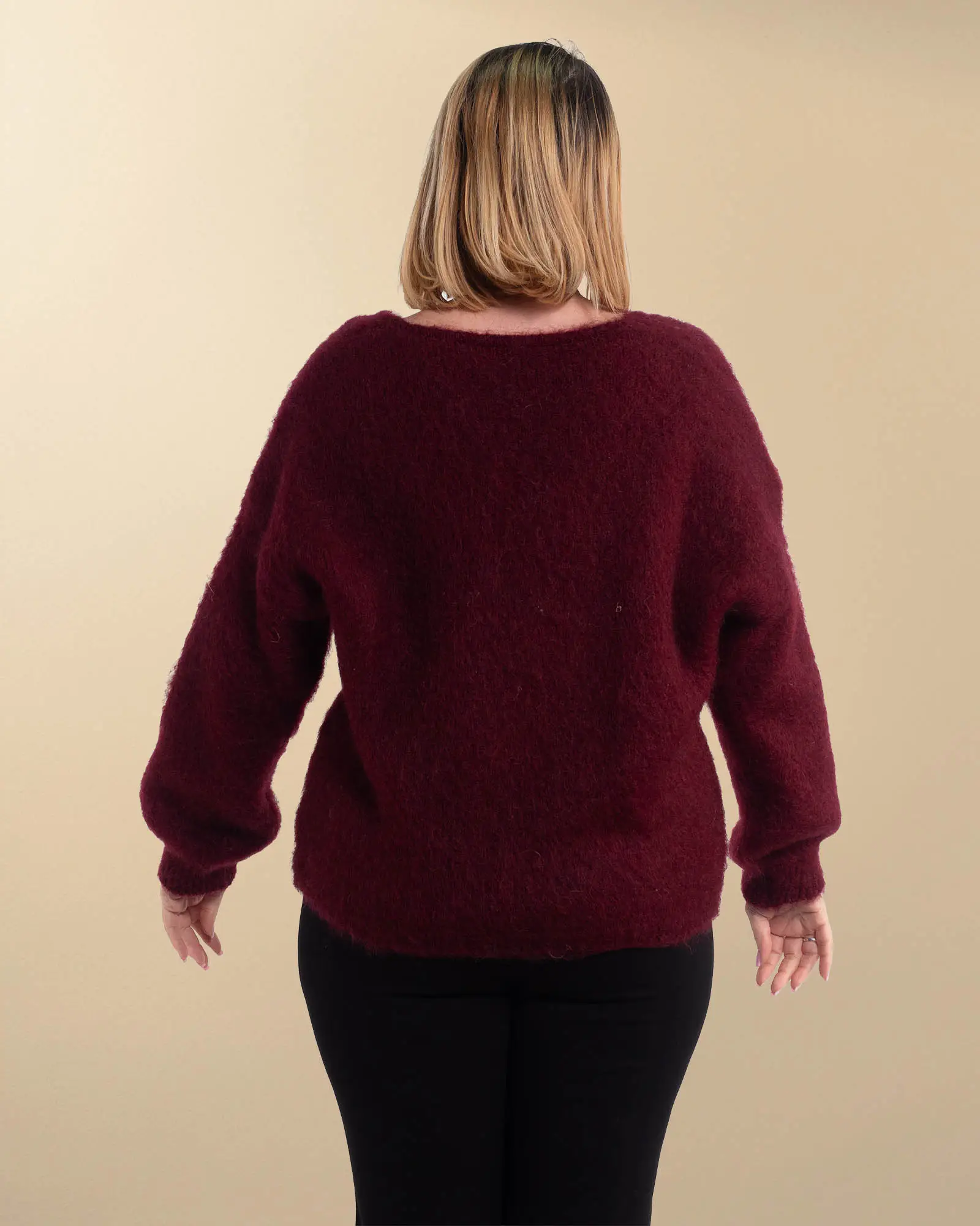 Pulover casual grena din mohair pufos cu decolteu în V [1]