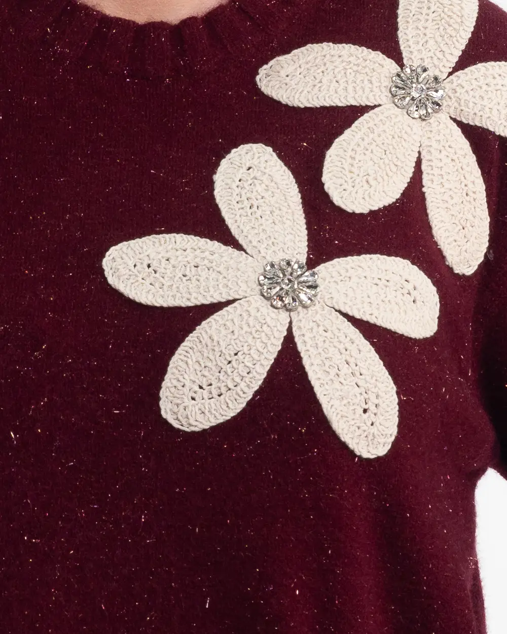 Pulover casual grena pufos cu flori macrame prețioase [3]