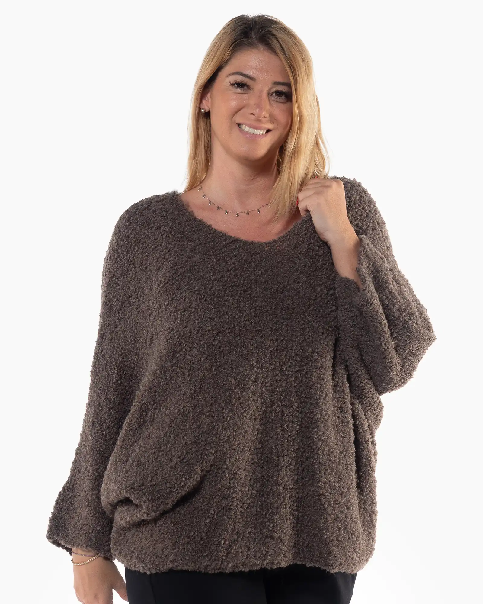 Pulover casual maro oversize cu textură pufoasă și decolteu în V [2]